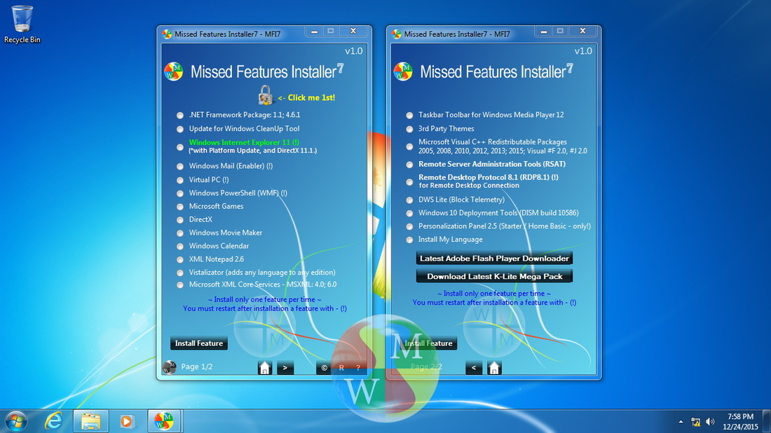 Windows 7 Missed Features Installer7 v1.0 Free Download (MFI7)